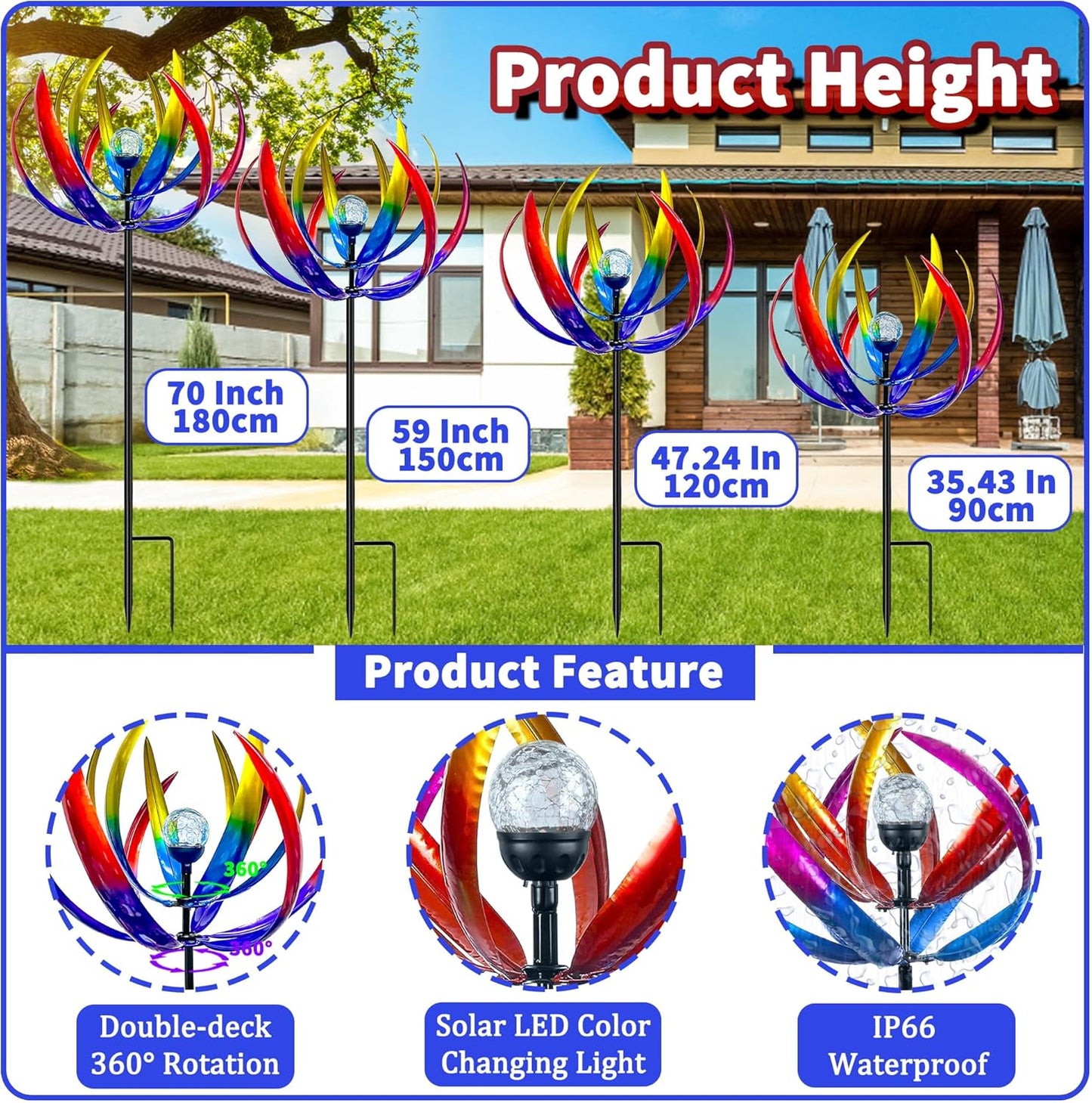 Wind Spinners Outdoor for Yard and Garden - Wind Sculptures & Spinners,70 Inch Wind Spinner with Solar Powered Multi-Color Glass Ball Light for Yard Garden Backyard Lawn Decorations