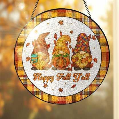 FLAGWIX Fall Decorations for Home - Happy Fall Y'all Stained Glass Window Hanging 8 in - Fall Gifts for Women Men, Gnomes Sun Catchers Indoor Window Garden Decor, Thanksgiving Decorations Sun Catcher