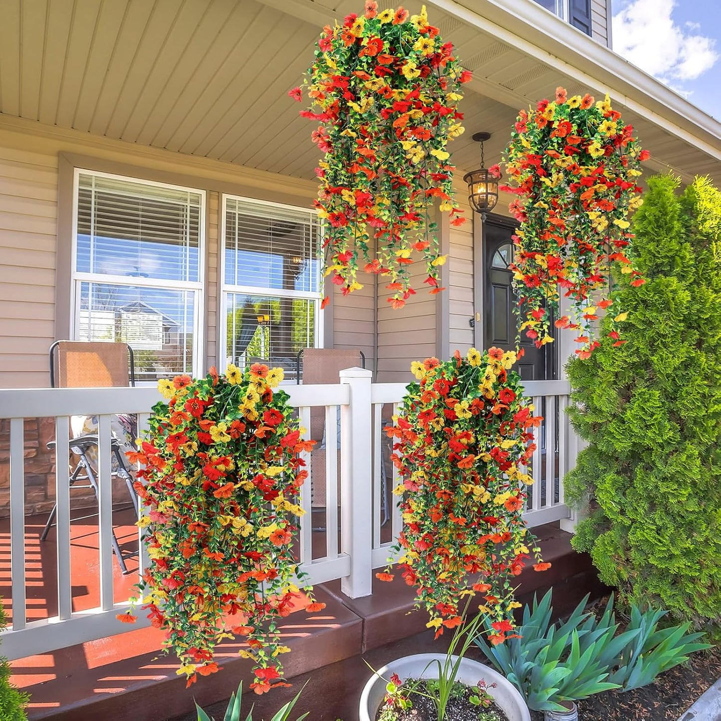 6 Pcs Artificial Fall Hanging Flowers Outdoor Silk Mum Plants Autumn Decor Faux Violet with Eucalyptus Realistic UV Resistant Trailing Vine Thanksgiving Porch Yard(Bright Color,Violet)
