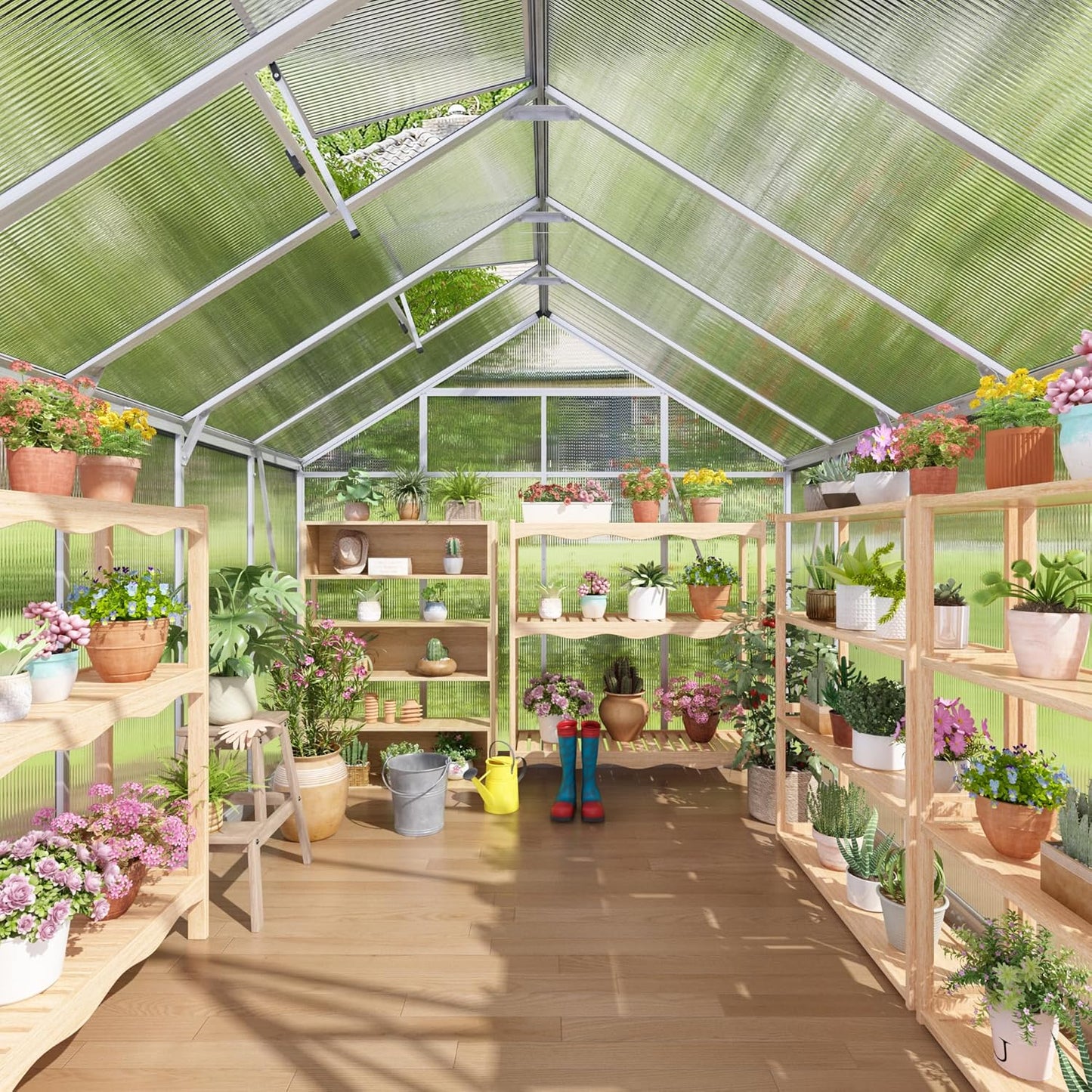 8x10 FT Greenhouse for Outdoors, Polycarbonate Green House with Quick Assembly Structure and Roof Vent, Large Aluminum Walk-in Green House for Outside Garden Backyard, Silver