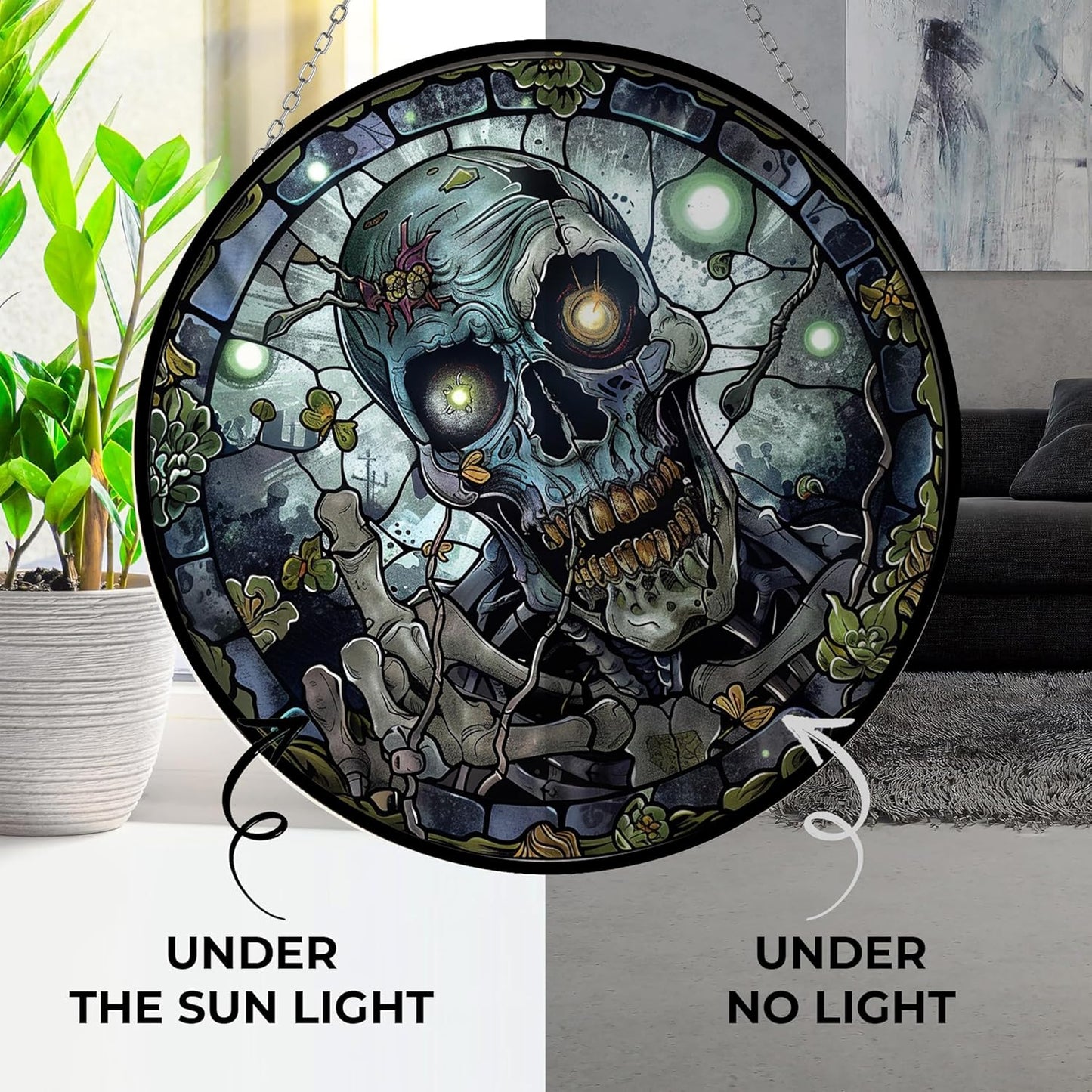 Skull Stained Glass Suncatcher Window Hanging, Gothic Dragon Christmas Ornaments for Fiction Lovers, Dinosaur Room Decor for Nursery New Home Gifts