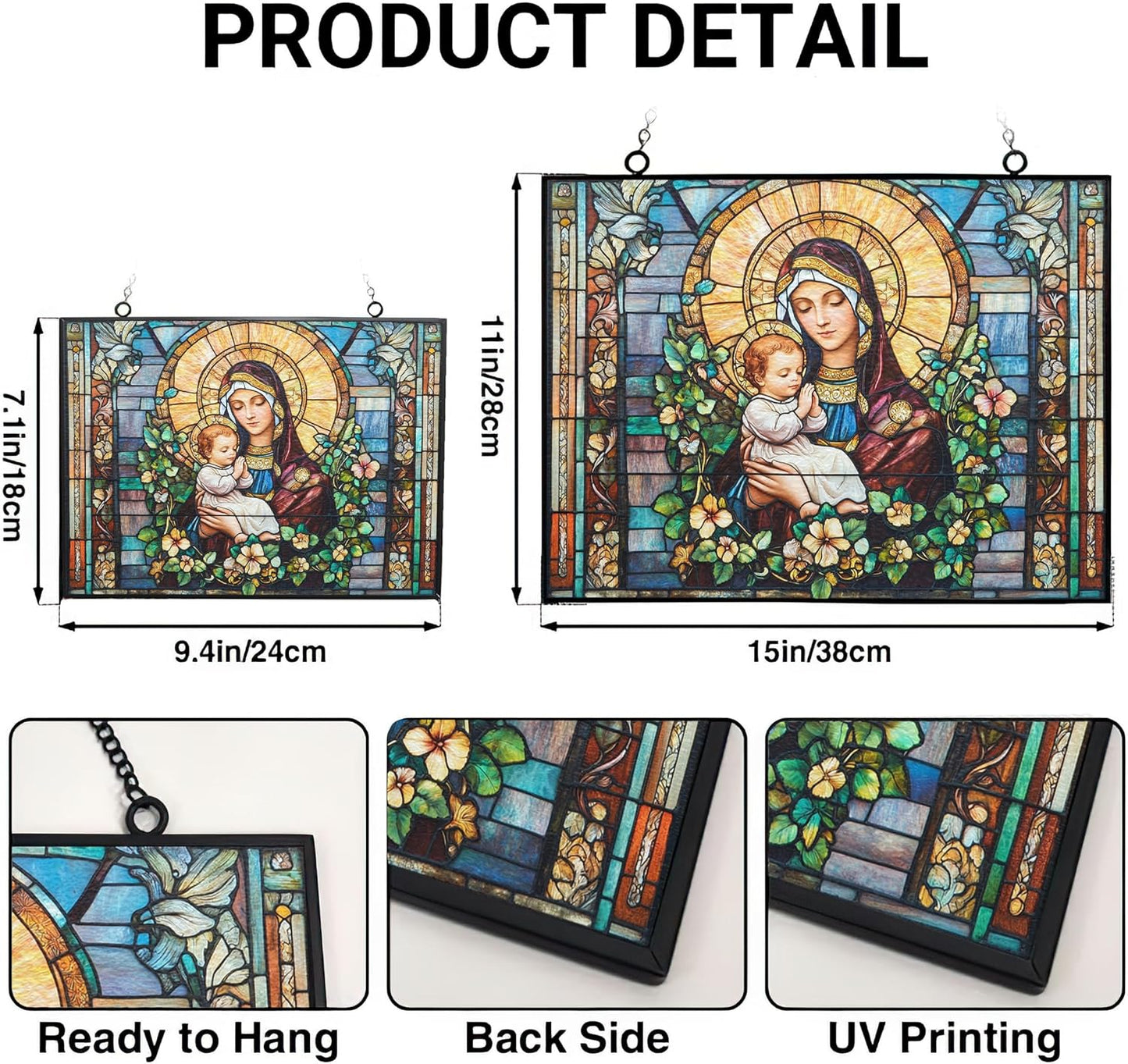 Personalized Rectangle Art Nouveau Madonna and Child Stained Glass Window Hangings Stained Glass Suncatcher Birthday Gift for Mom Grandma Teacher Women Friend Memorial Hook