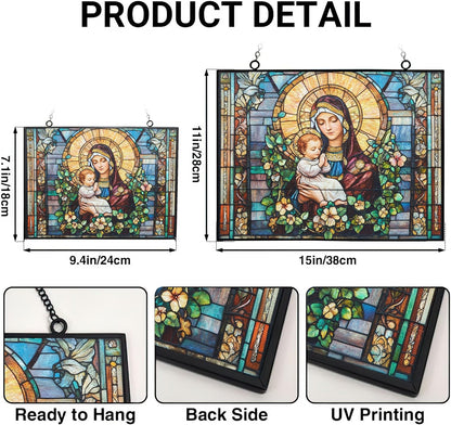 Personalized Rectangle Art Nouveau Madonna and Child Stained Glass Window Hangings Stained Glass Suncatcher Birthday Gift for Mom Grandma Teacher Women Friend Memorial Hook