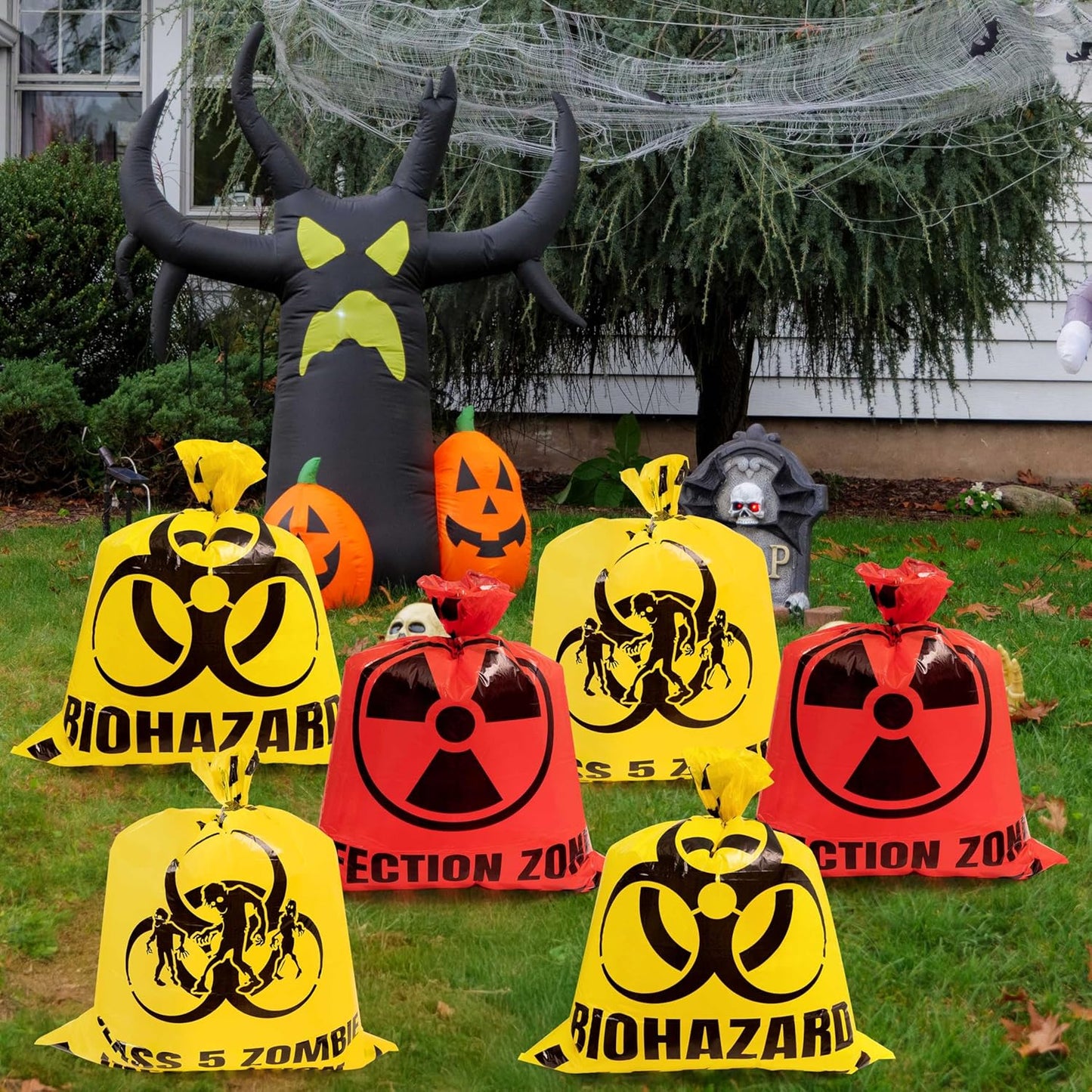 CNhoqc Halloween Lawn Trash Bags - 18Pcs Zombie Warning Reusable Waste Bags with Twist Ties, Fallen Leaf Grass Clipping Trash Container, Heavy-Duty Plastic for Biohazard Parties Outdoor Decorations