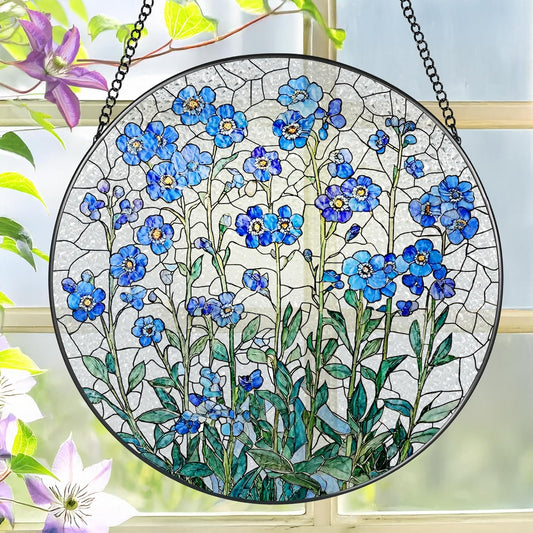 8 Inch Stained Glass Window Hanging, Forget Me Not Flower Stained Glass Suncatcher, Window Decor