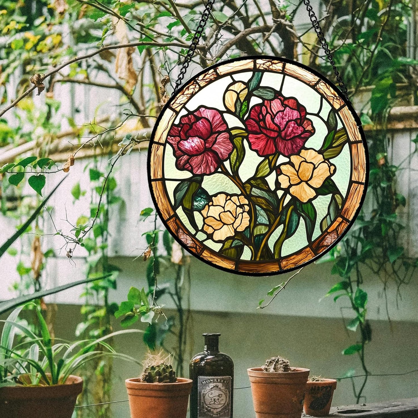 Stained Glass Window Hanging - Birth Flower Carnation Suncatcher for Doors Garden Yard Red Yellow Sun Catchers Decor Christmas Mother's Day Birthday Gifts for Teacher Women Mom Nana 11.8 in