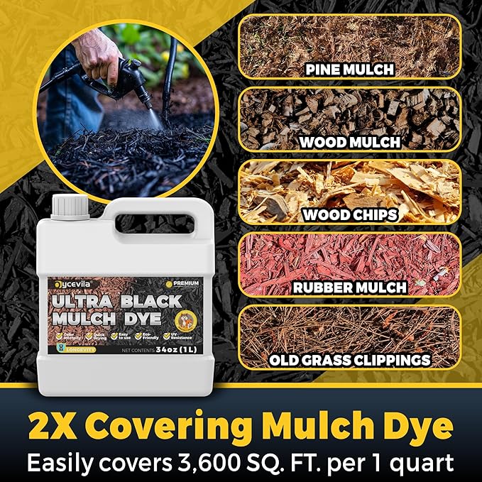 32oz Concentrated Ultra Black Mulch Dye with Gloves, Liquid Rubber Dye Spray Covers up to 3,600 Sq. Ft, Long-Lasting Finish Black Bark Paint for Mulch Restoration and Enhancement Landscaping