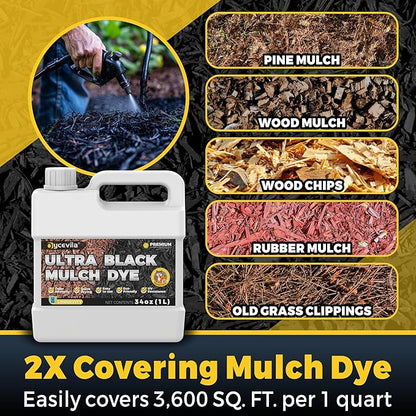 32oz Concentrated Ultra Black Mulch Dye with Gloves, Liquid Rubber Dye Spray Covers up to 3,600 Sq. Ft, Long-Lasting Finish Black Bark Paint for Mulch Restoration and Enhancement Landscaping