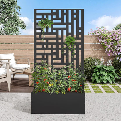 Casaphoria Metal Raised Garden Bed with Trellis and Wheels, 59"x30"x12" Planter Box for Climbing Plants, Vegetables & Vines, Features Drainage Holes and Privacy Screen (Black-Helen)