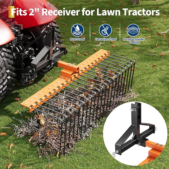 60 in Durable Pine Straw Rake, Steel Spring Landscape Rake Fits 2 in Receiver for Lawn Tractors or ATV/UTV, Orange