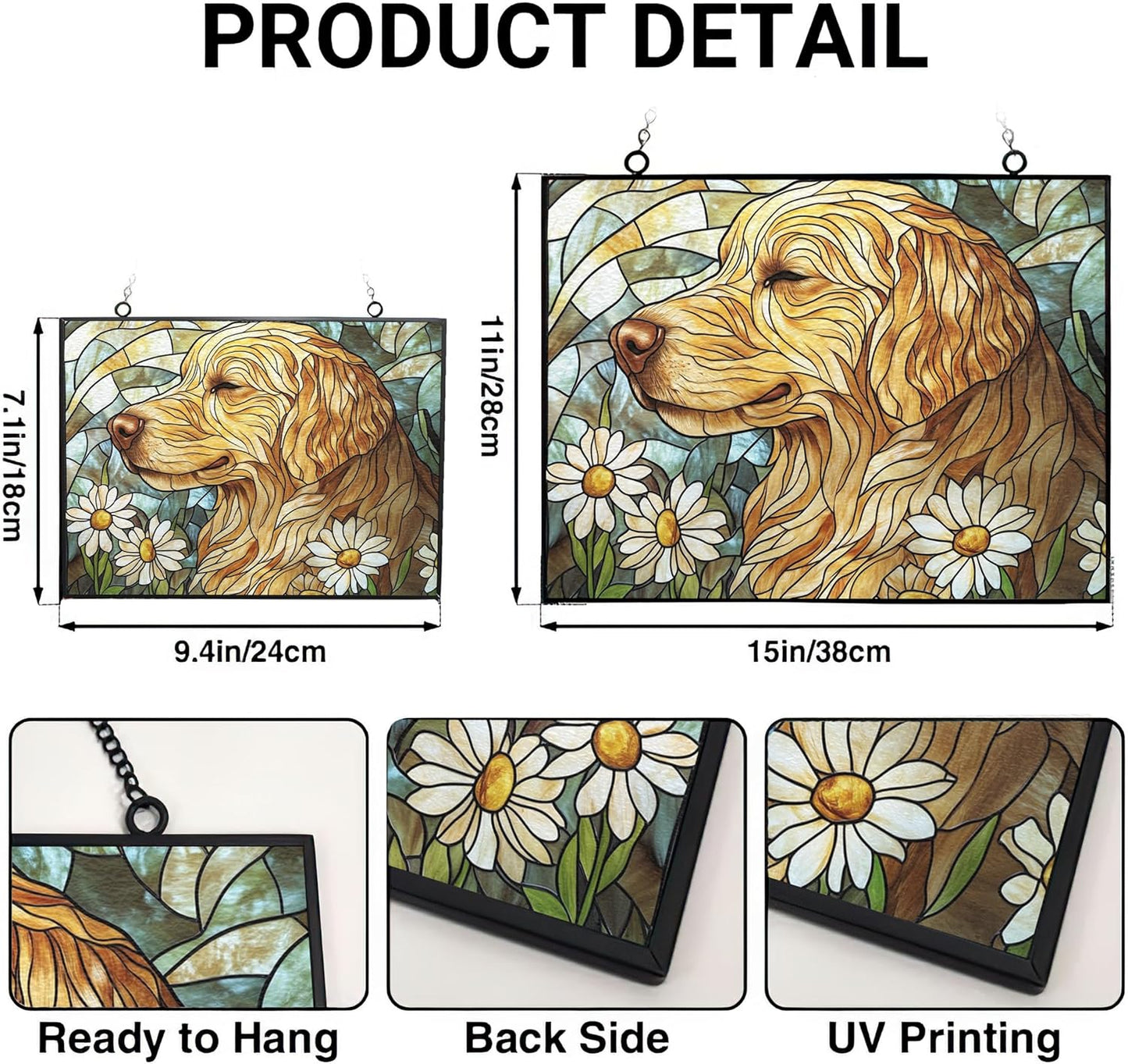 Personalized Rectangle Art Nouveau Golden Retriever Garden Stained Glass Window Hanging, Stained Glass Window Decor Suncatcher for Women, Home Décor