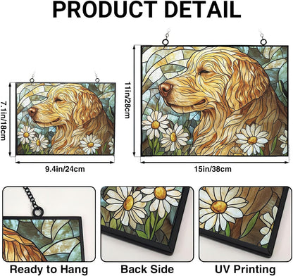 Personalized Rectangle Art Nouveau Golden Retriever Garden Stained Glass Window Hanging, Stained Glass Window Decor Suncatcher for Women, Home Décor