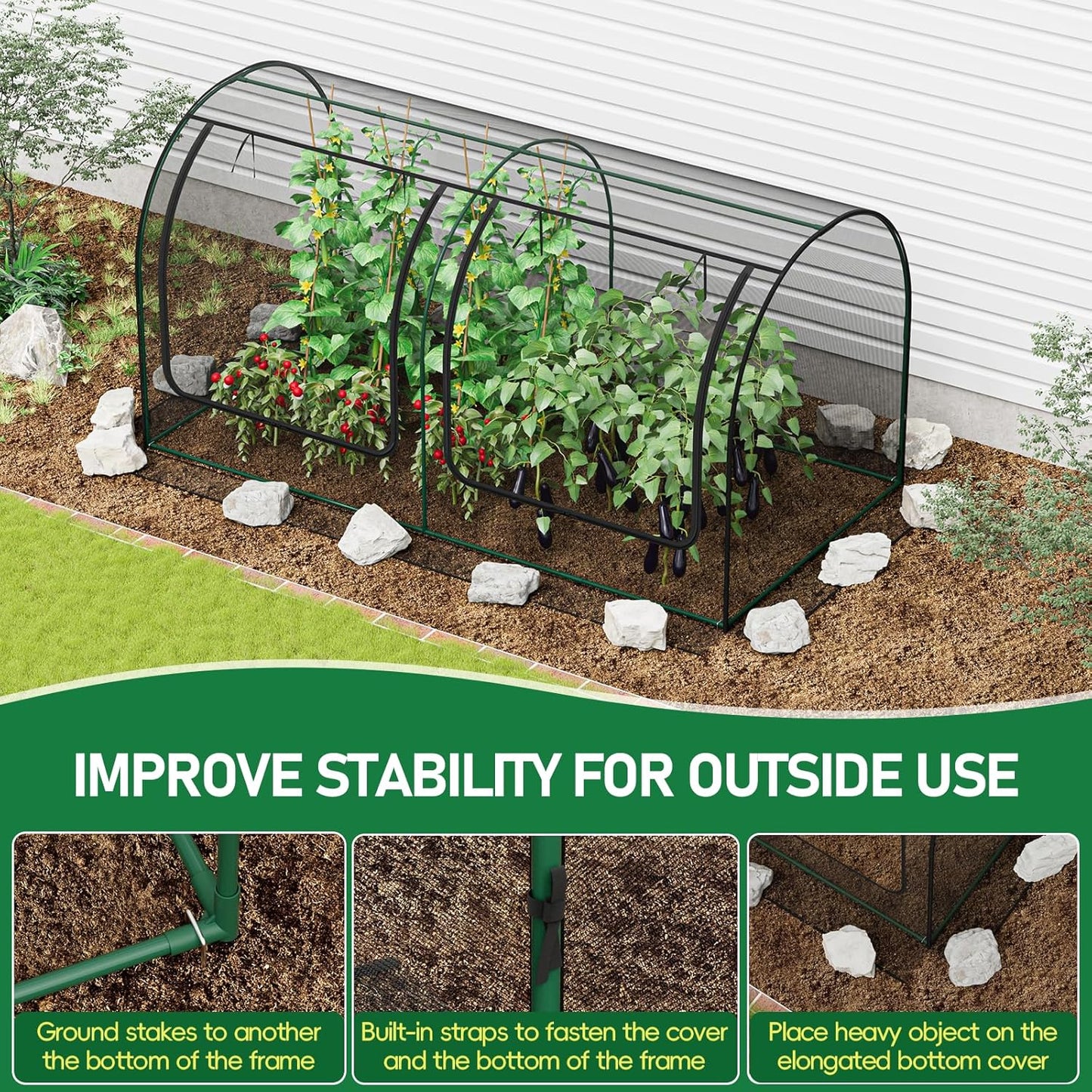 SPECILITE 98x49x49in Garden Plant Netting Mesh Cover for Raised Bed with Roll-up Zipper Door for Vegetables Fruits, Large Tunnel Gardening Net, Black