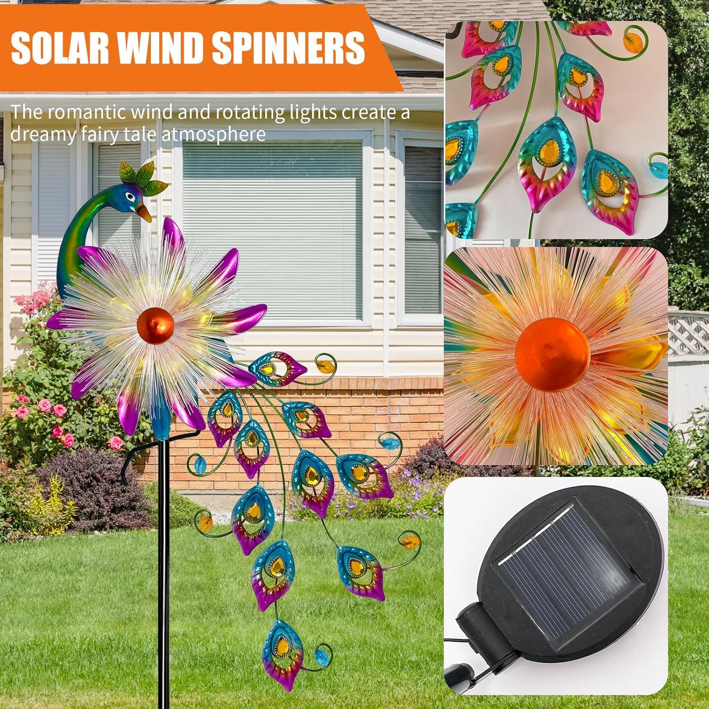 Solar 51" Peacock Wind Spinners for Yard and Garden, Metal Clearance Windmill Kinetic Wind Spinner Outdoor Decor, Wind Sculpture Yard Art Decorations for Patio, Lawn & Garden