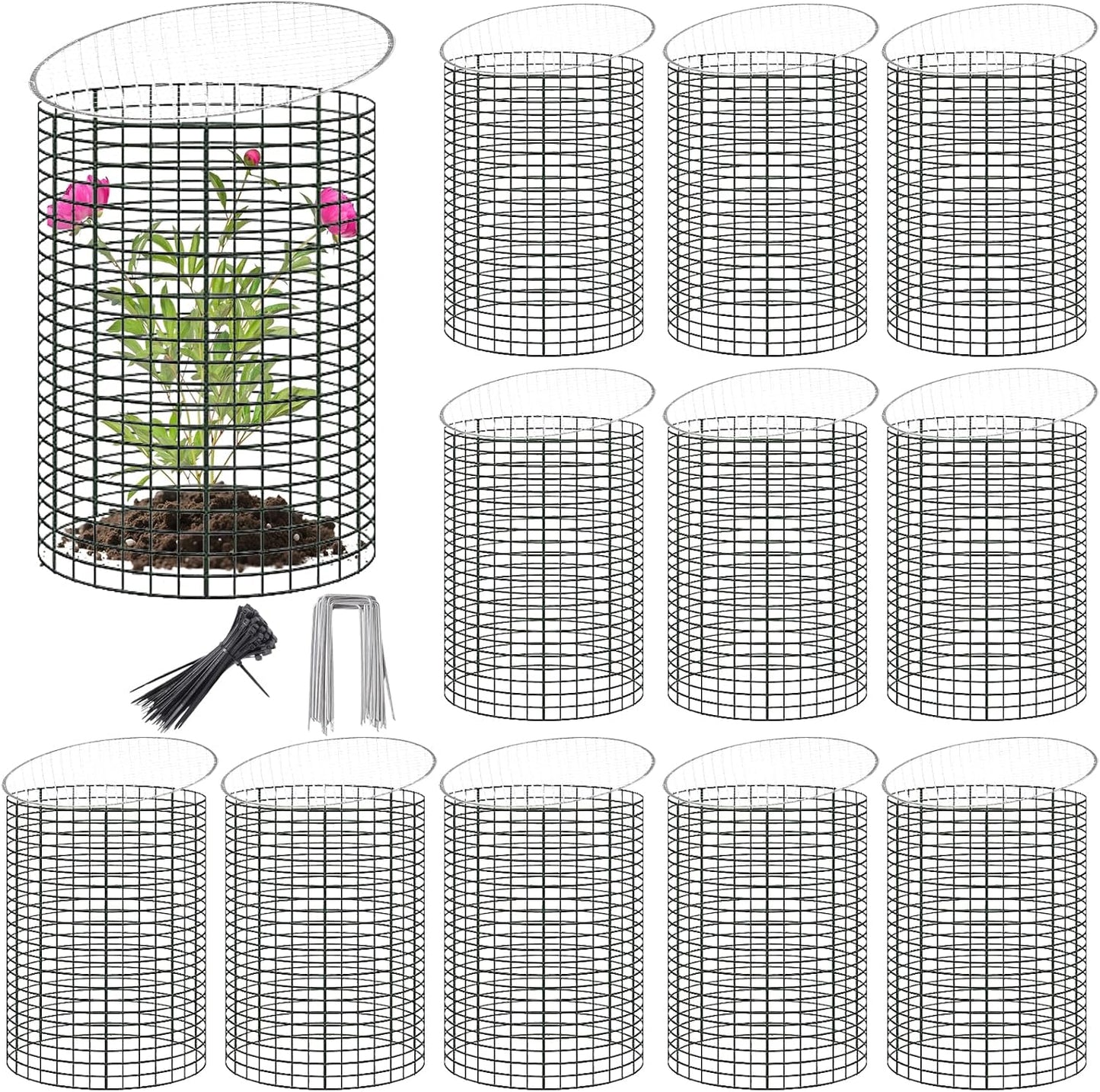 12 Sets of 16'' x 12'' Garden Plant Protectors from Animals With Detachable Covers ,36Pcs Metal Wire Protectors With Cover for Plants , Metal Plant Cage Chicken Wire Cloche with Stakes & Nylon Ties