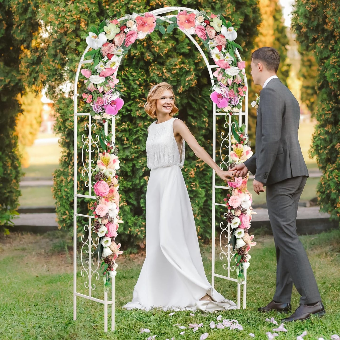 Evergreen Plow & Hearth Montebello White Garden Arbor - 7 Feet Tall | Slim Metal Arch with Iron Trellis for Climbing Plants | Elegant Wedding Arbor | Outdoor Patio & Garden Decor