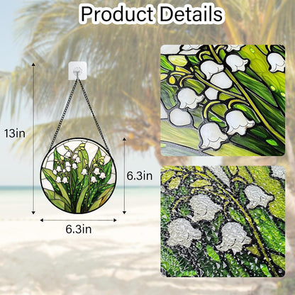 Stained Glass Window Hanging, Lily of The Valley Flower Sun Catchers Colorful Glass Panel Green Plants Suncatcher Decor for Birthday for Women,Men,Wife, Lovers, and Mom 6.3 in