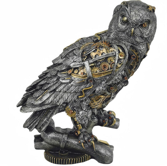 Steampunk Owl Statue 11.6'' H Metallic Silver and Gold Gothic Collectible Animal Figurine Wisdom Gift Owl Sculpture for Home Office Decoration Living Room Tabletop Mantel