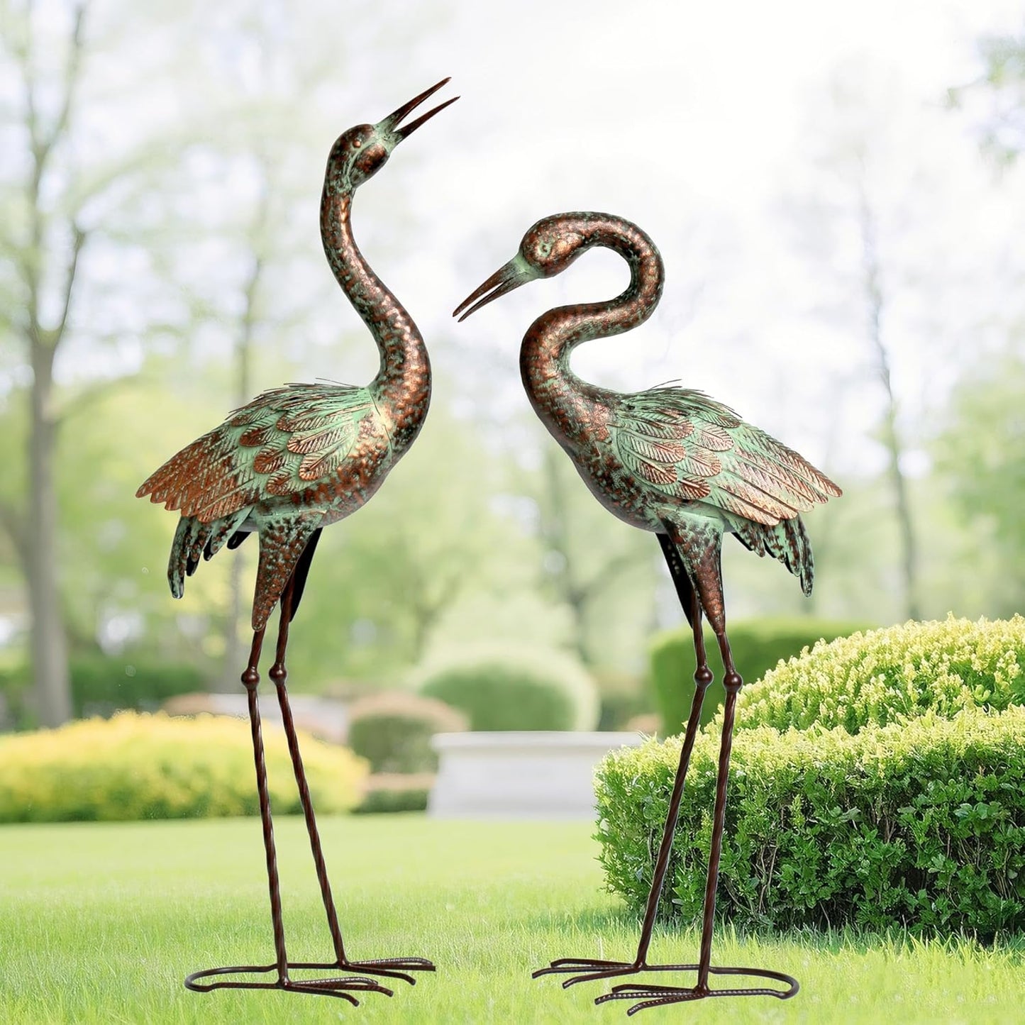 Shorayn Garden Crane Statues, Blue Heron Sculptures for Outdoor, Cranes Decor Metal Bird, Patina Garden Art Lawn Ornaments for Yard Patio Porch Outside Decorations