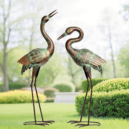 Shorayn Garden Crane Statues, Blue Heron Sculptures for Outdoor, Cranes Decor Metal Bird, Patina Garden Art Lawn Ornaments for Yard Patio Porch Outside Decorations
