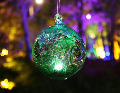 4.6-Inch Solar Hanging Glass Gazing Ball Outdoor Garden Décor Aqua-Green Swirl