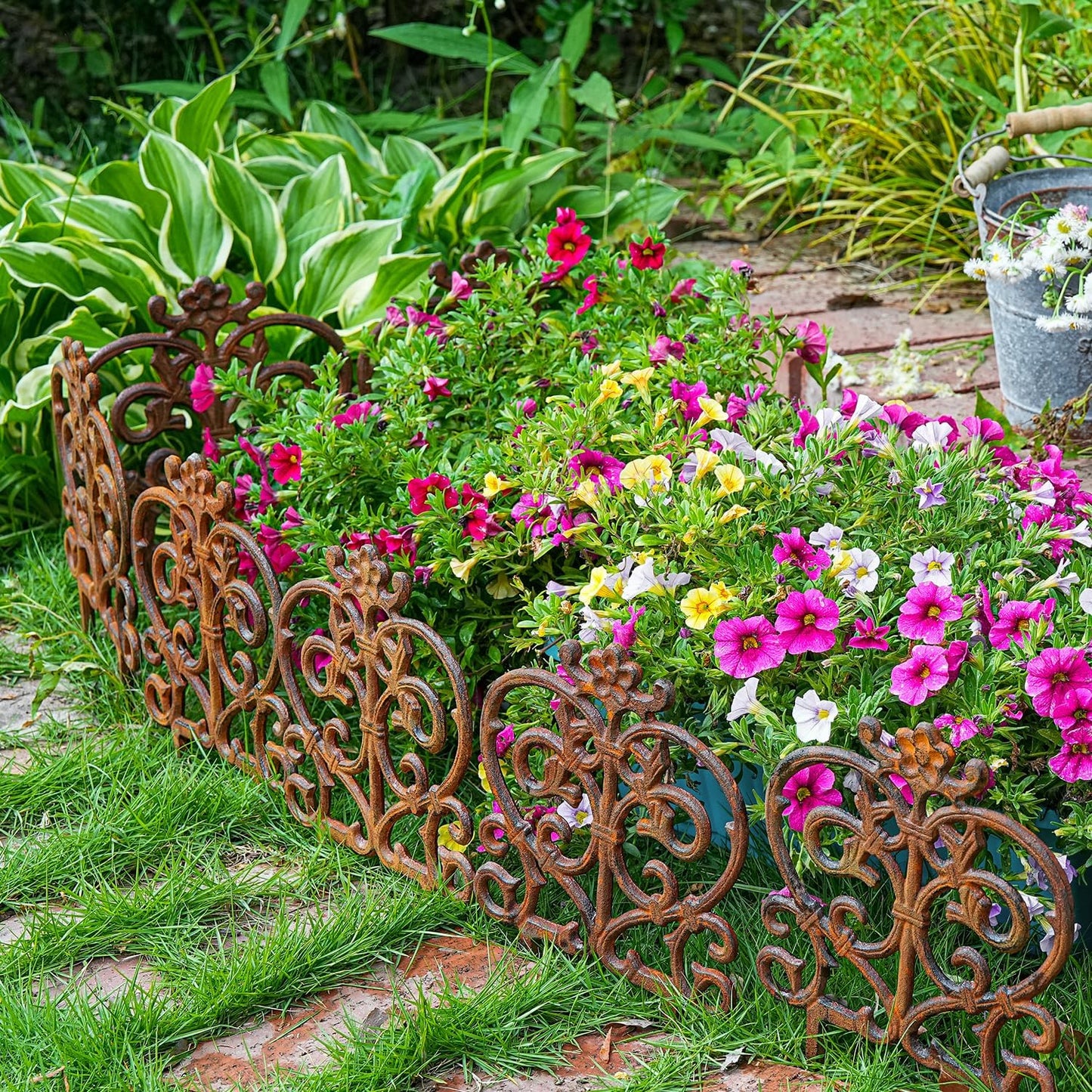 Sungmor Decorative Cast Iron Garden Edging, 4 Pack Full Rusted Victorian Garden Edging Landscape Border, Vintage Metal Yard Stake Low Picket Fence, 11.8" Tall Outdoor Flower Bed Lawn Fence Panels