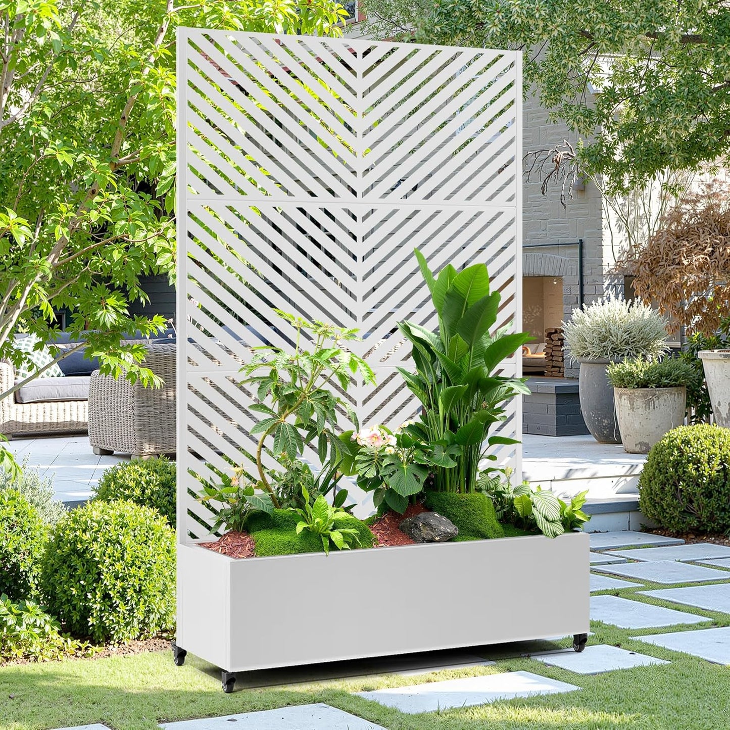 15.7"×70.9"×47.2" Metal Raised Garden Bed with Trellis and Wheels - Tall Trellis Planter Box for Climbing Plants, Vegetables & Vines - Outdoor Privacy Planters for Patio (White-Parallel)
