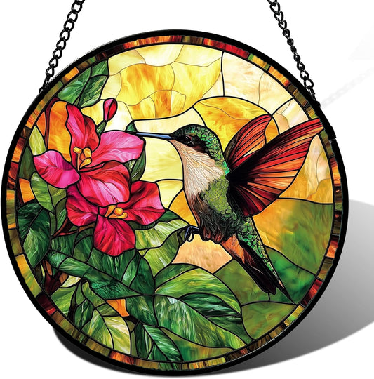 Stained Glass Suncatcher, Hummingbird Red Flowers Green Leaves Sun Catcher Stain Glass Window