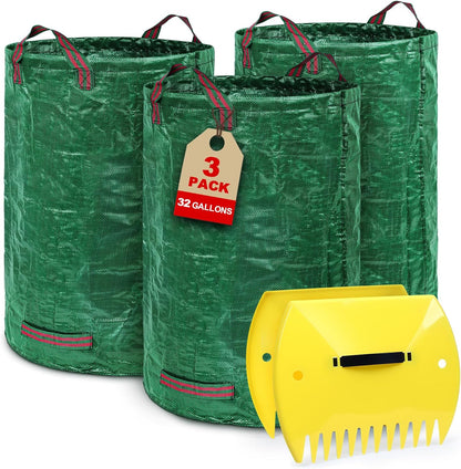 3-Pack 32 Gallon Yard Waste Bags with Leaf Scoop — Collapsible, Stand-Open Garden Bags with Reinforced Handles, Heavy-Duty Reusable Lawn Containers for Leaves, Weeds & Debris