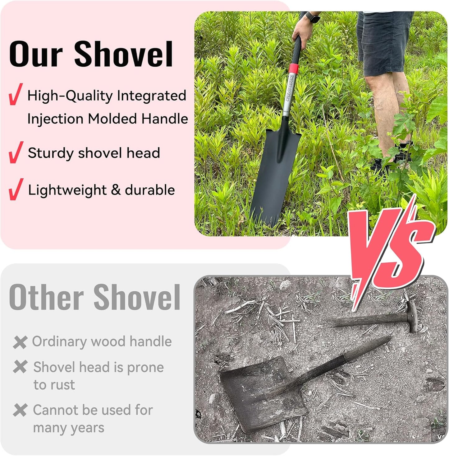 SHARK ATTACK Spade Shovel, 43in Heavy Duty Drain Spade for Digging, Ergonomic No-Slip H-Grip Handles, Oversized Steps and D Handle for Gardening, Land Management, Yard Work, Farming and Transplanting