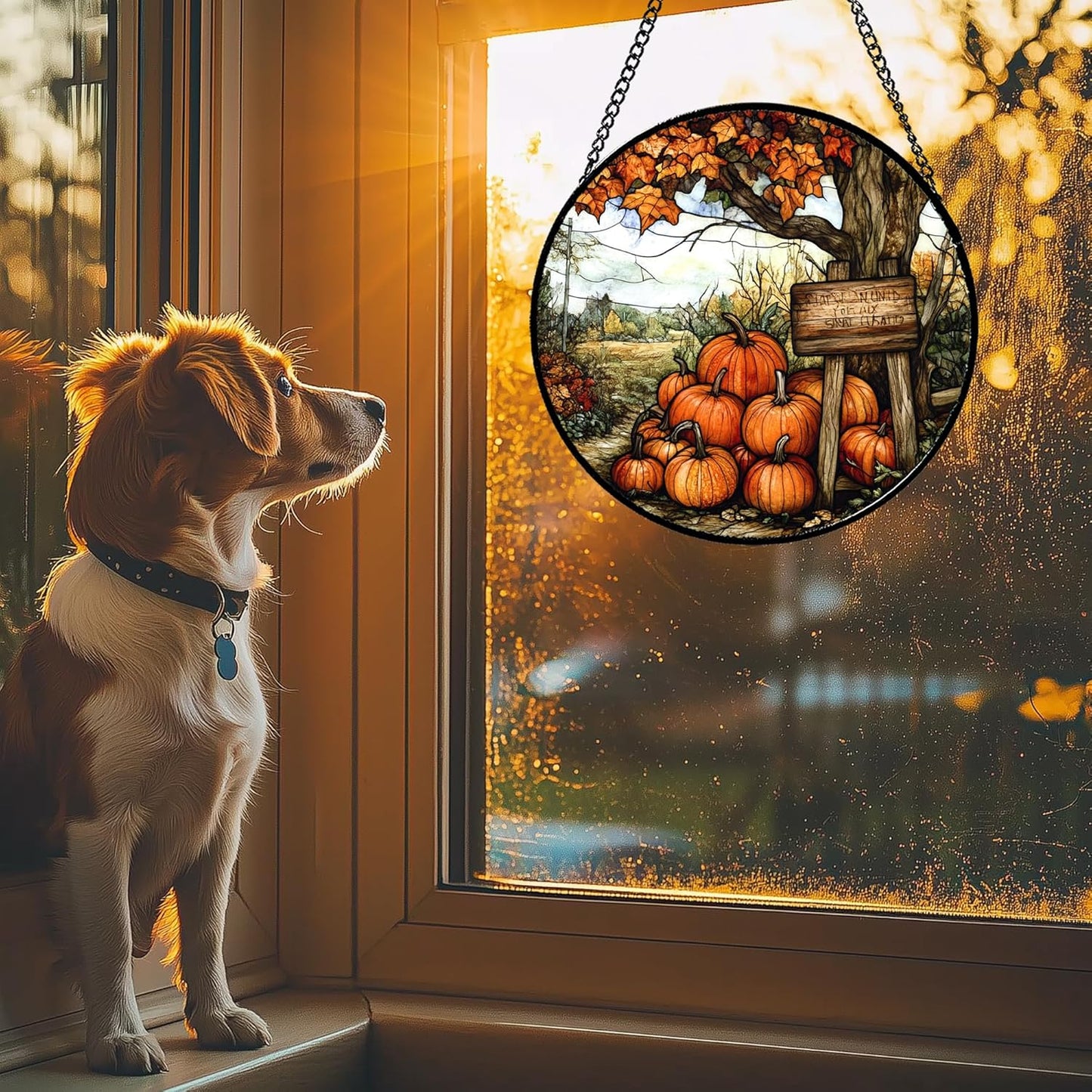 Stained Glass Window Hanging Fall Farm Scenery Maple Trees Pumpkin Large 15" - Suncatcher Door Garden Kitchen Sun Catcher Autumn Decor Birthday for Mom Nana Men Woman Friend