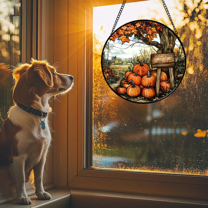 Stained Glass Window Hanging Fall Farm Scenery Maple Trees Pumpkin Large 15" - Suncatcher Door Garden Kitchen Sun Catcher Autumn Decor Birthday for Mom Nana Men Woman Friend