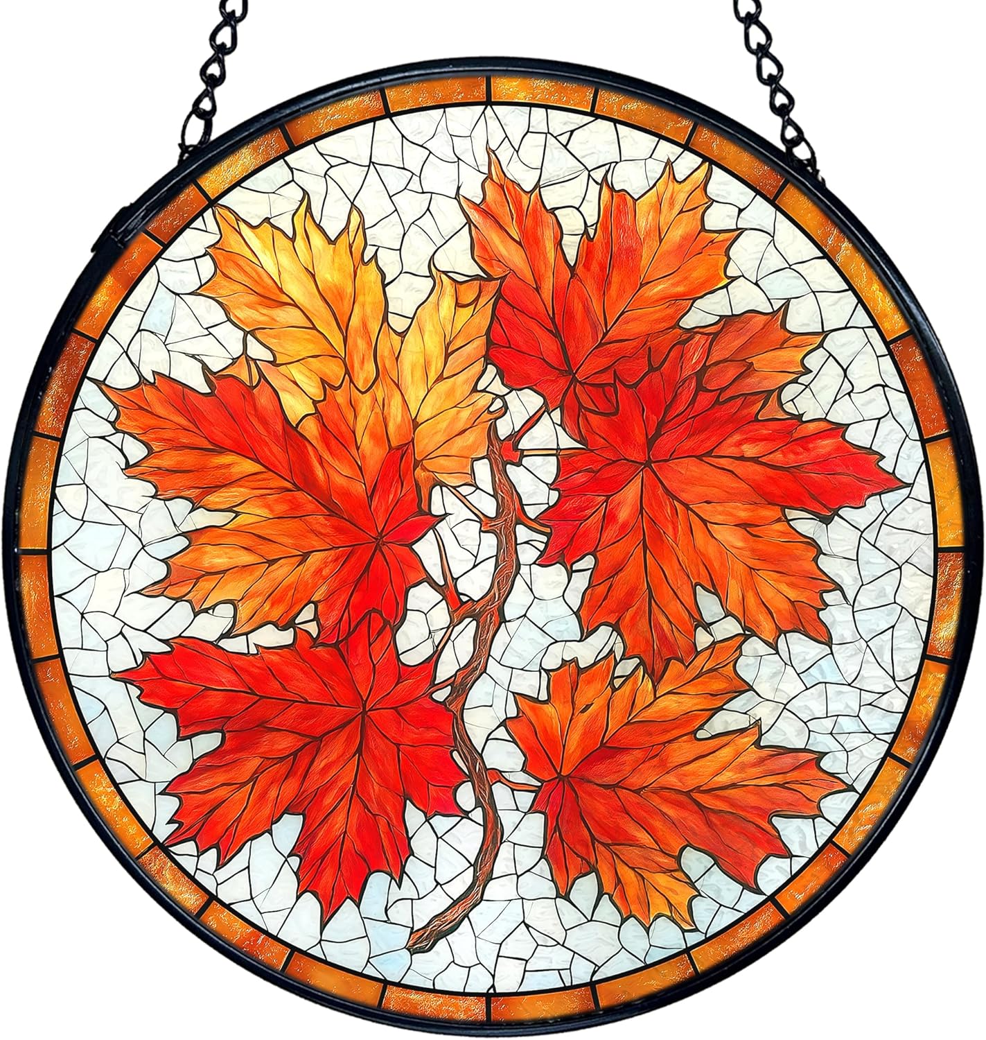 TNUW Fall Maple Leaf Stained Glass Window Hanging, Rustic Autumn Leaves Sun Catchers Indoor Window Glass Round Wall Art Decor, Fall Autumn Wall Hanging Decorations, 7.9＂x7.9＂