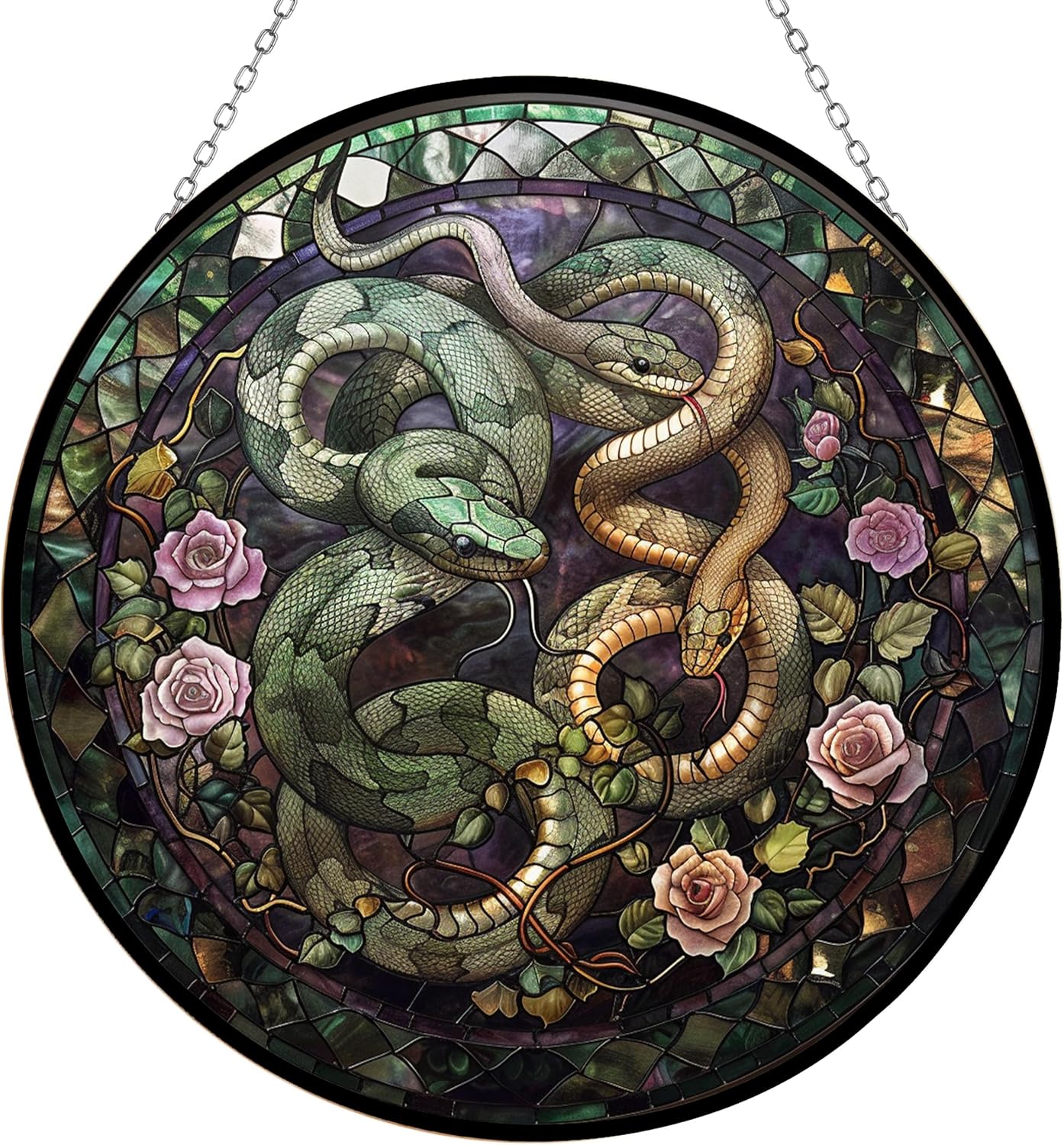 Valentine Dark Pair of Snakes Stained Glass Suncatcher Window Hangings, Suncatchers Colorful Glass Panel Sun Catchers Gifts, Decoration for Home Garden Christmas Party Wedding
