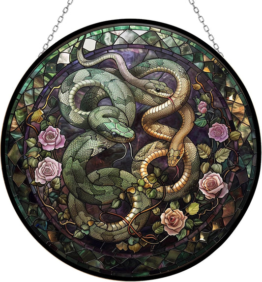 Valentine Dark Pair of Snakes Stained Glass Suncatcher Window Hangings, Suncatchers Colorful Glass