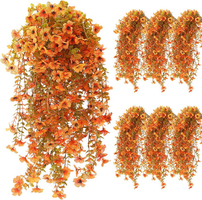 6 Pcs Artificial Fall Hanging Flowers Outdoor Silk Mum Plants Autumn Decor Faux Violet with Eucalyptus Realistic UV Resistant Trailing Vine Thanksgiving Porch Yard(Warm Color,Violet)