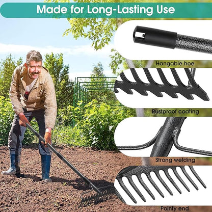 Garden Rake: 49" Metal Garden Leaf Rake with 17 Tines, Heavy Duty Bow Rakes for Lawn Yard Leaves Debris Mulch Gravel Thatch Clean,Lawn Care Gardening Landscaping