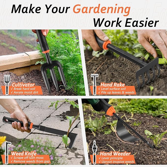 11 Pcs Garden Tools Set, HaSteeL Gardening Supplies Hand Tools Kit for Women Men Gardeners, Include Tote Bag, Reportting Mat, Transplant Trowel, Rake, Pruner for Outdoors