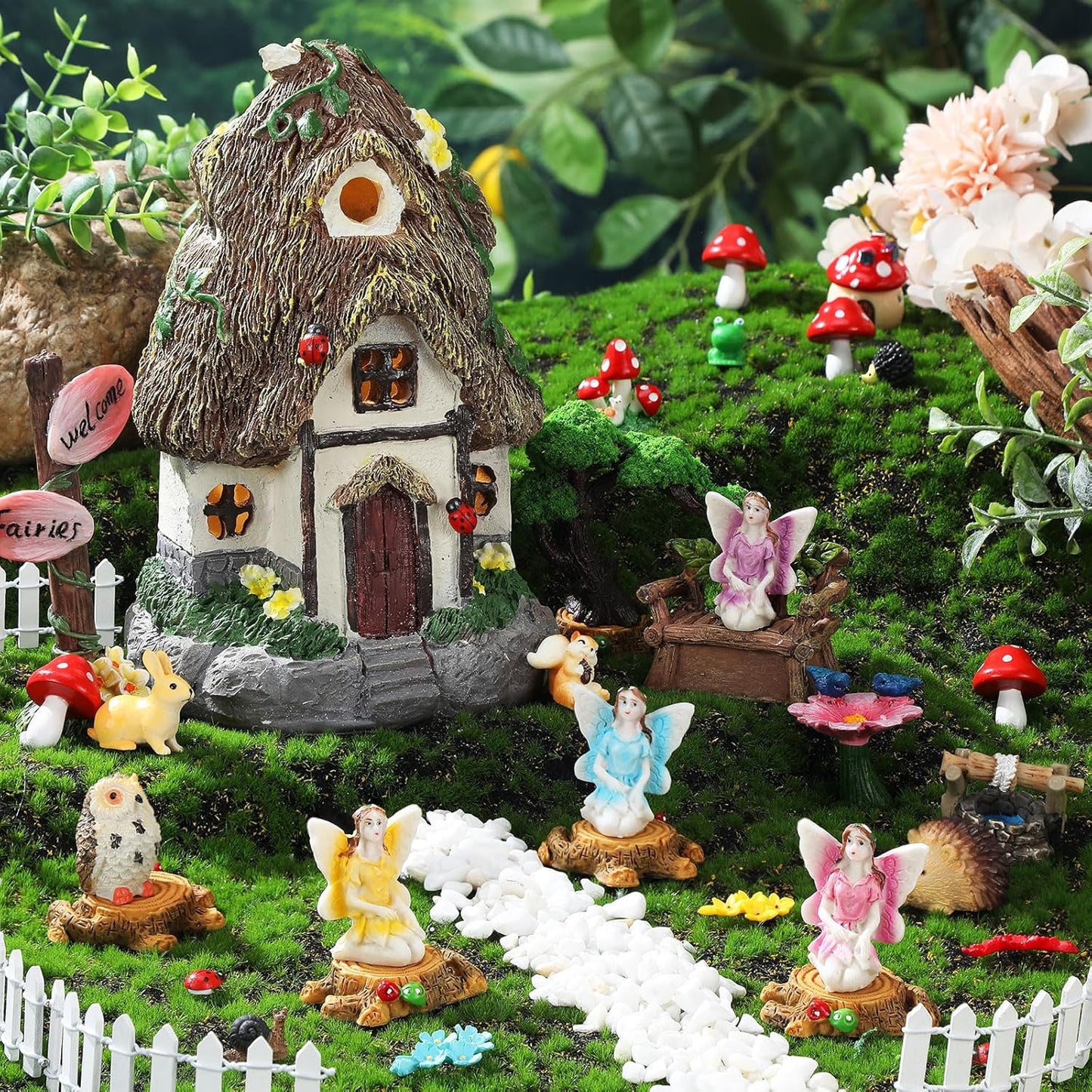 Leyndo 28 Pcs Solar House Garden Accessories Fairy Light up Fairy Figures Garden Kit Resin Miniature Mushroom House Figures Micro Landscape Ornaments(Classic)