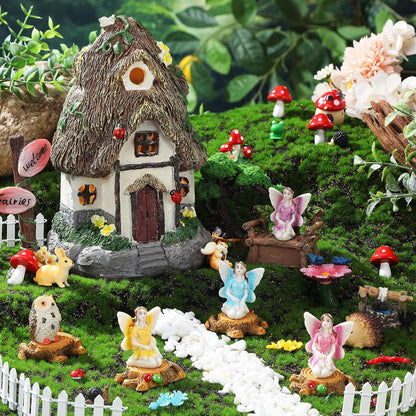 Leyndo 28 Pcs Solar House Garden Accessories Fairy Light up Fairy Figures Garden Kit Resin Miniature Mushroom House Figures Micro Landscape Ornaments(Classic)