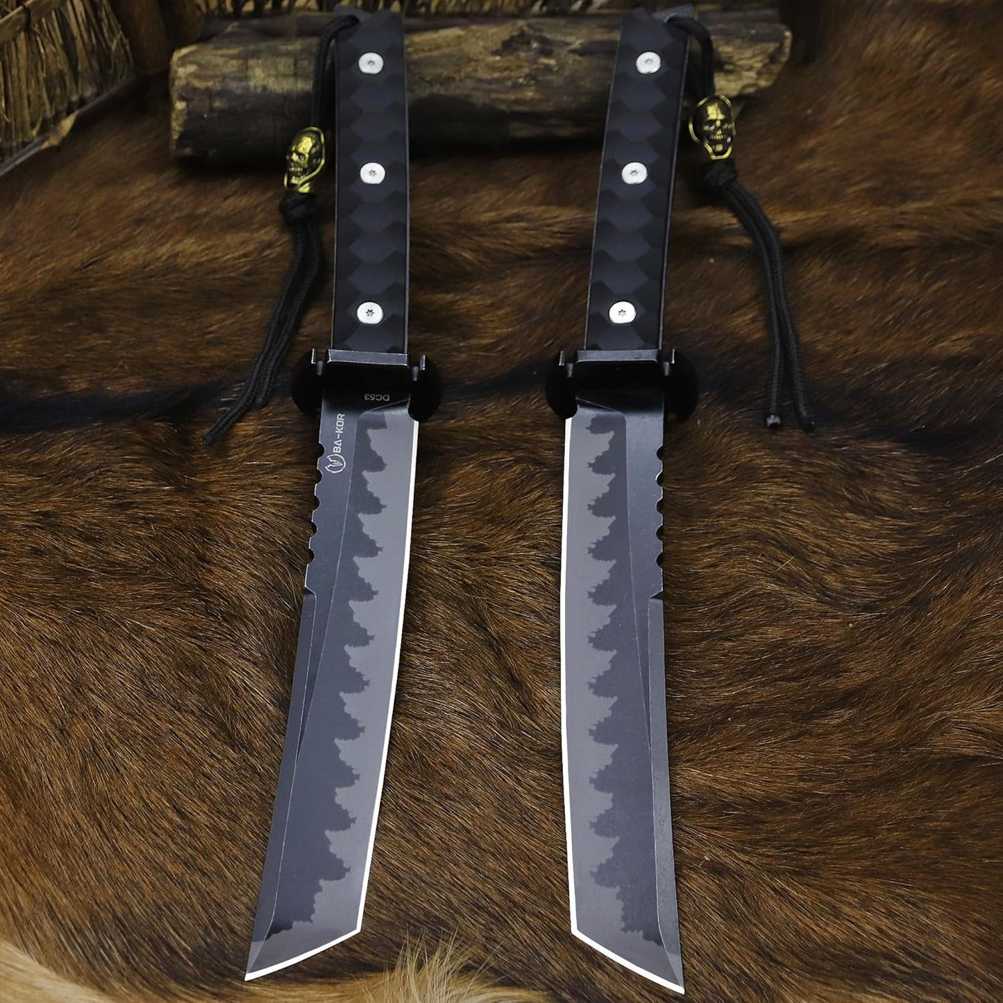 BA-KOR 15.8in Full Tang Japanese Style Outdoor Knife –8mm DC53 Steel, Nylon Fiber Handle &Sheath, Hunting Survival Knife+(5.9in) cerium igniter (Black handle and black blade (8mm))