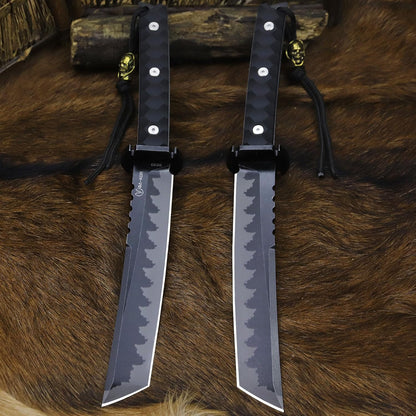 BA-KOR 15.8in Full Tang Japanese Style Outdoor Knife –8mm DC53 Steel, Nylon Fiber Handle &Sheath, Hunting Survival Knife+(5.9in) cerium igniter (Black handle and black blade (8mm))