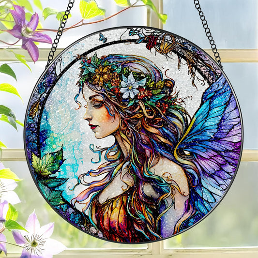 Stained Glass Window Hanging, LAOWEIKI 8'' Fairy Suncatcher, Stained Glass Ornament, Suncatchers