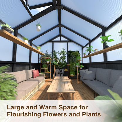 6x8 FT Greenhouse Kit for Outdoor, Thickened Polycarbonate Panel Wooden Walk-in Green House with Lockable Door and Adjustable Roof Vent, Backyard Garden, Black