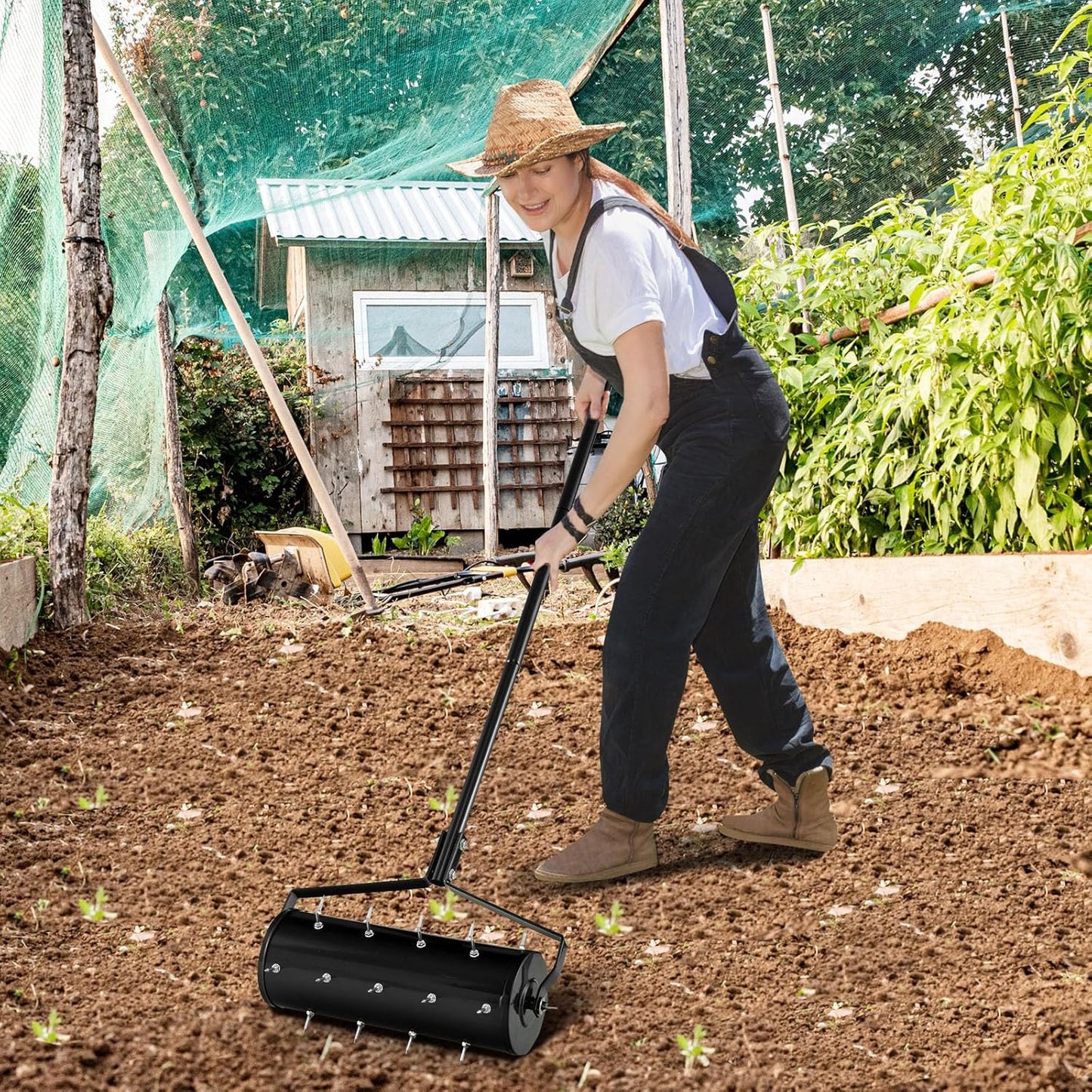 IRONMAX Rolling Lawn Aerator, Sand/Stone Filled Manual Dethatching Soil Aerating Push Tool with Ergonomic Handle, Grass Aerator Lawn Tool for Yard, Garden, Lawn Health Care (21''W x 51''H)