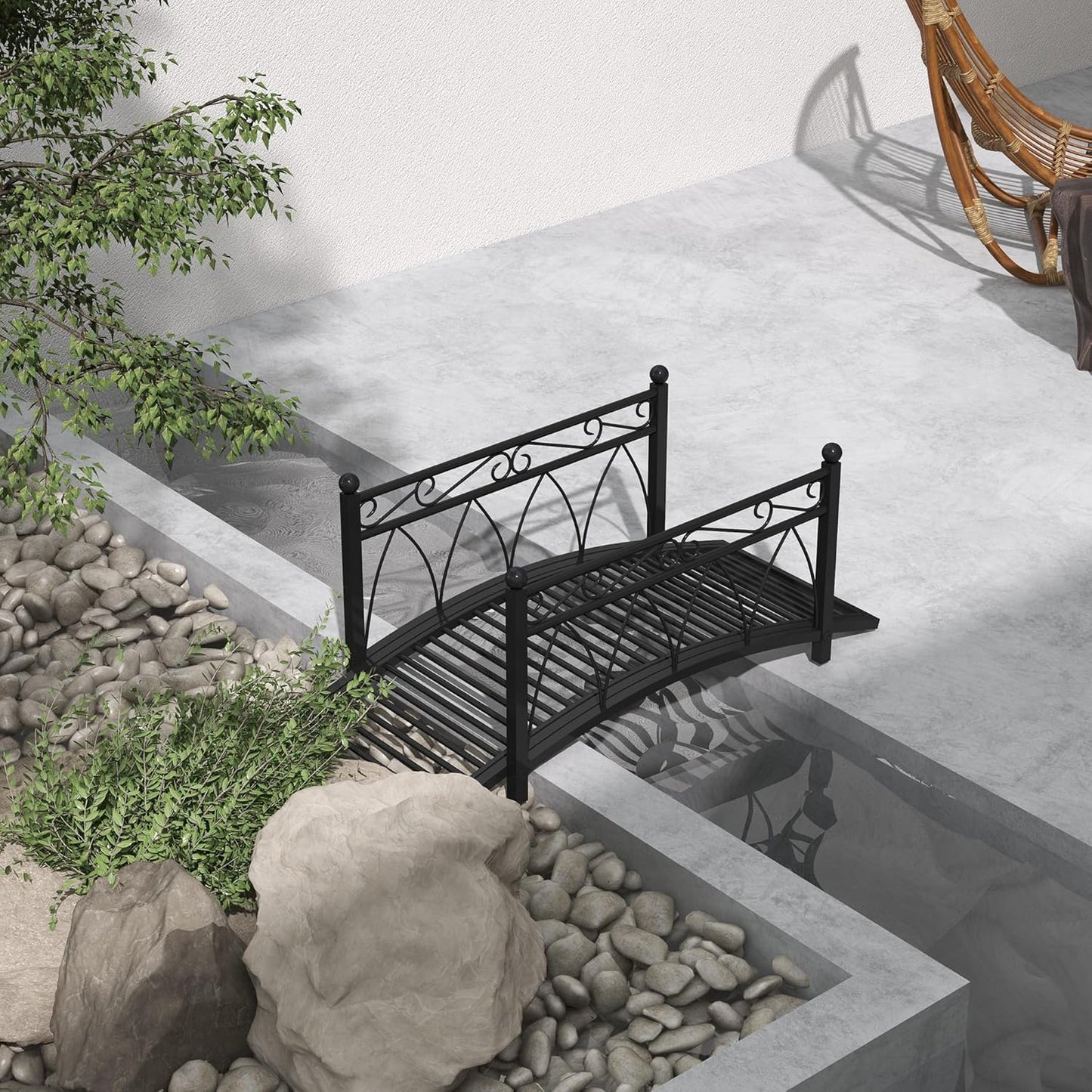 Outsunny 3.3' Metal Arch Zen Garden Bridge with Safety Siderails, Decorative Footbridge, Delicate Scrollwork & Corner Spheres for Stream, Fish Pond, Black