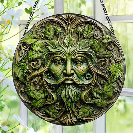 Green Man Stained Glass Suncatcher, Stained Glass Window Hanging, 8 Inch Window Decor Hanging, Gift