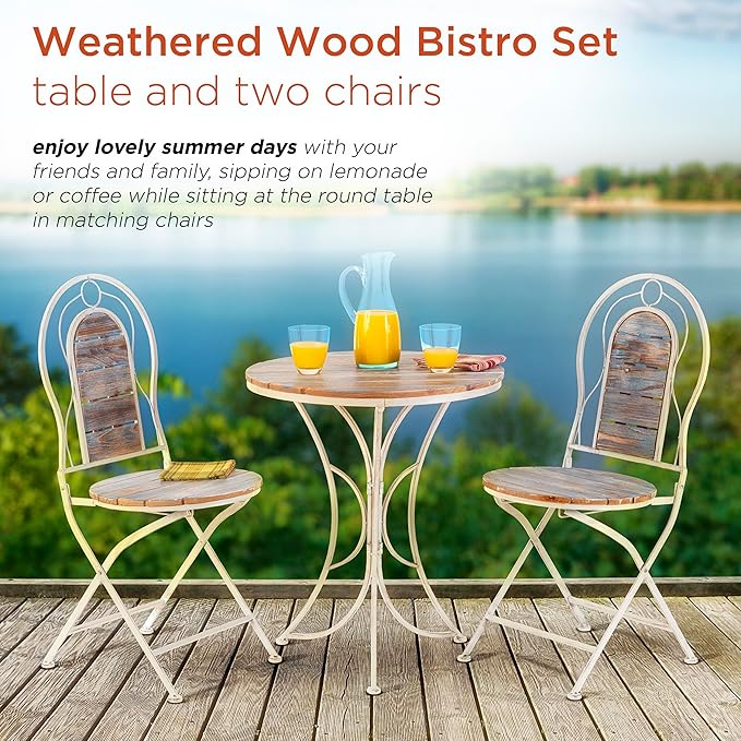 Alpine Corporation Indoor/Outdoor 3-Piece Wood and Metal Bistro Set Table and Folding Chairs Patio
