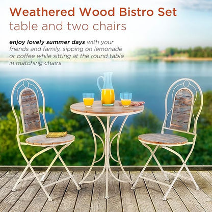 Alpine Corporation Indoor/Outdoor 3-Piece Wood and Metal Bistro Set Table and Folding Chairs Patio