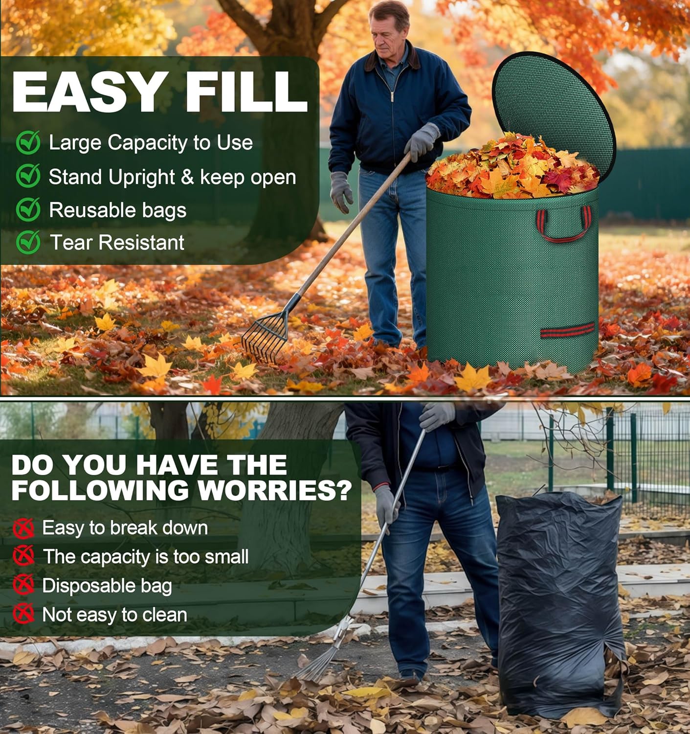 Reusable Yard Waste Bags with Lid, 2 Pack 72 Gallon Lawn and Leaf Garden Bags Heavy Duty with 4 Handles, Collapsible Garden Waste Container for Collecting Indoor Outdoor Debris Leaves Grass Clippings